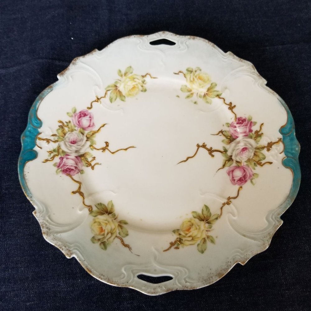 Antique Bone China Ornate Salad Plate - Teal, Gold